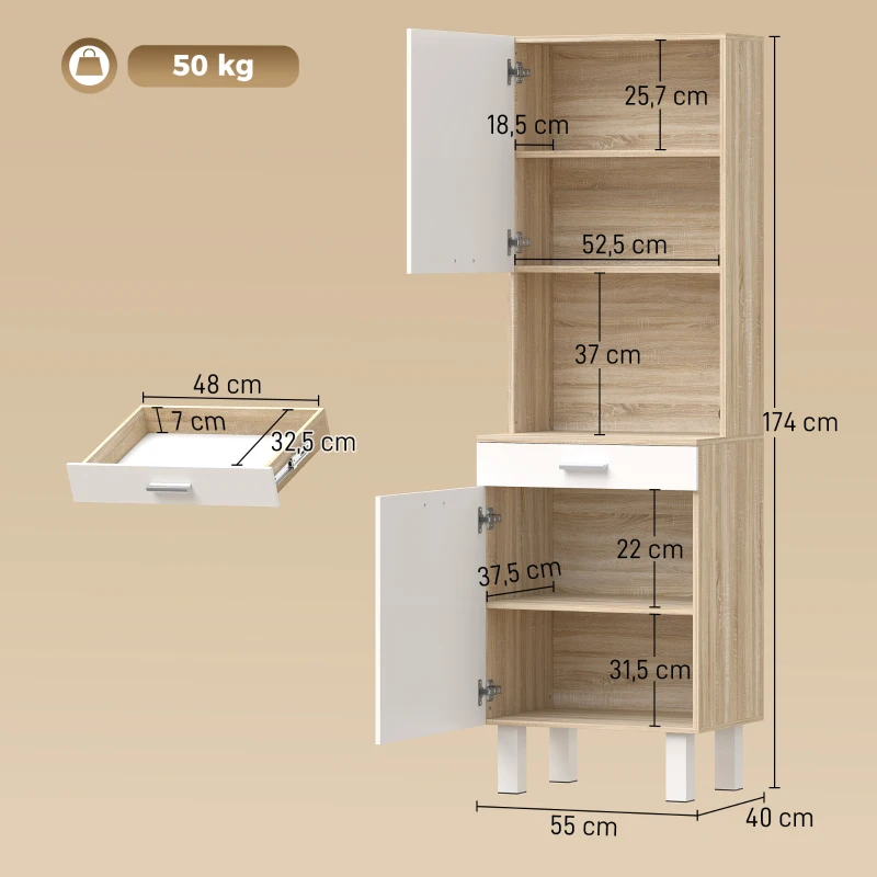 HOMCOM Aparador alto de cocina, armario de cocina con 2 puertas, cajón y encimera, 55x40x174 cm, blanco y madera natural