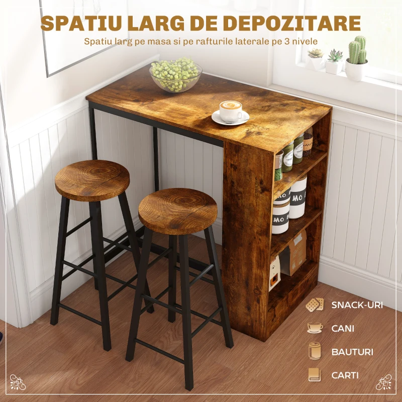 HOMCOM Set de masă cu bar cu 3 rafturi și 2 scaune înalte cu suport pentru picioare, stil industrial, maro
