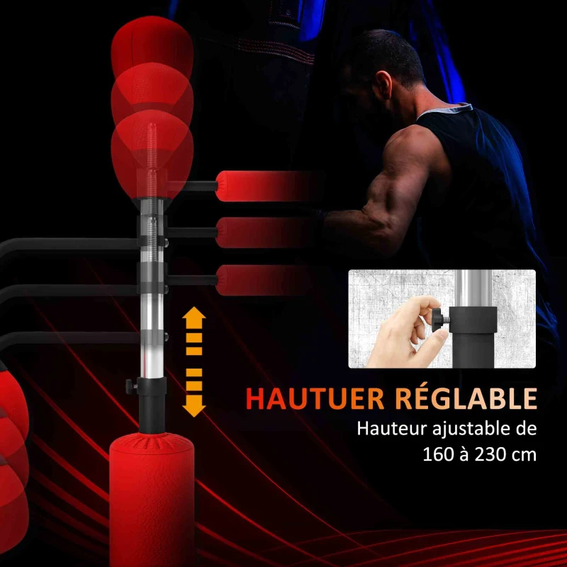 HOMCOM Sac de frappe sur pied 4 en 1 punching ball autonome balles de vitesse barre rotative gants 88 x 50 x 160-230 cm rouge