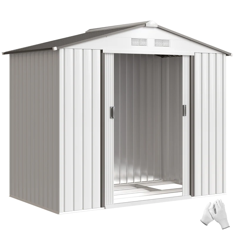 Outsunny Abrigo de Jardim 213x130x185cm Abrigo de Jardim Metálico de Exterior com 2 Portas Deslizantes e 4 Janelas Branco e Cinza