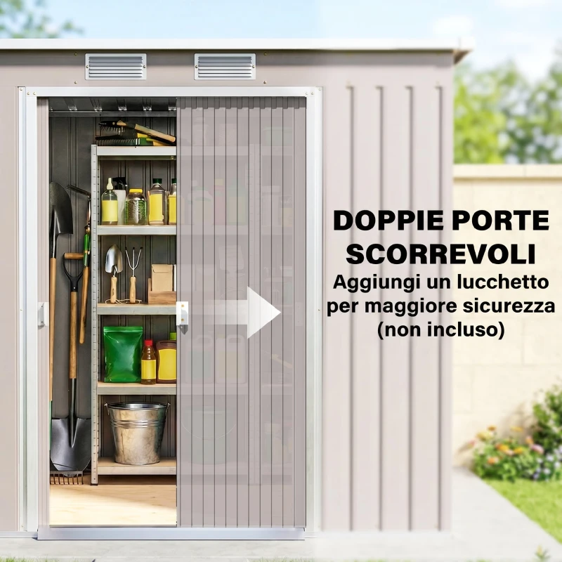 Outsunny Capanno Attrezzi con Tetto Inclinato, 2 Ingressi e Prese d'Aria, in Acciaio Zincato, 213x130x172 cm, Grigio