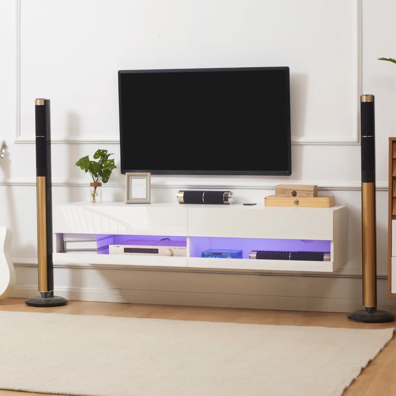 HOMCOM Meuble TV banc TV mural suspendu LED style contemporain - placards avec 2 portes battantes et 2 passe-câbles en bois