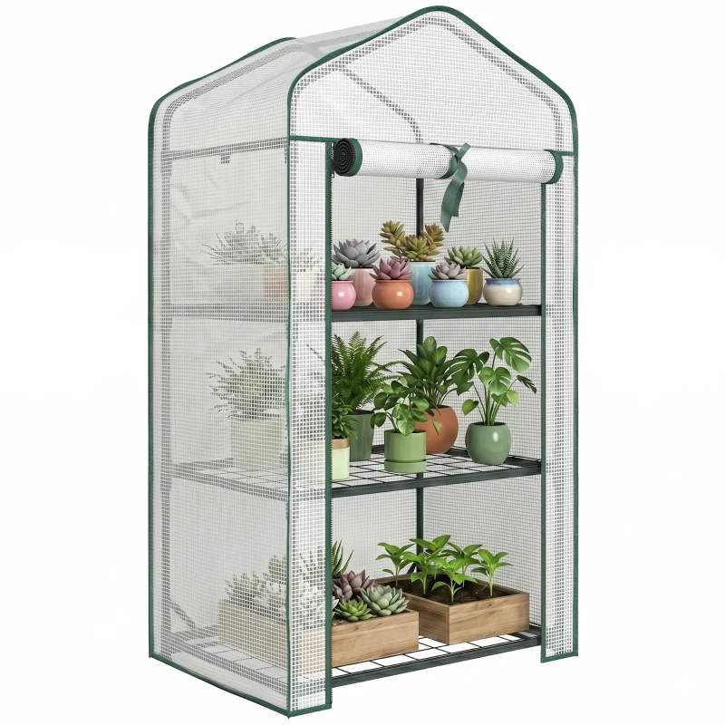 Outsunny Mini seră de grădină cu acoperire din PE, 3 rafturi și ușă rulabilă, 59x39x127cm, Alb