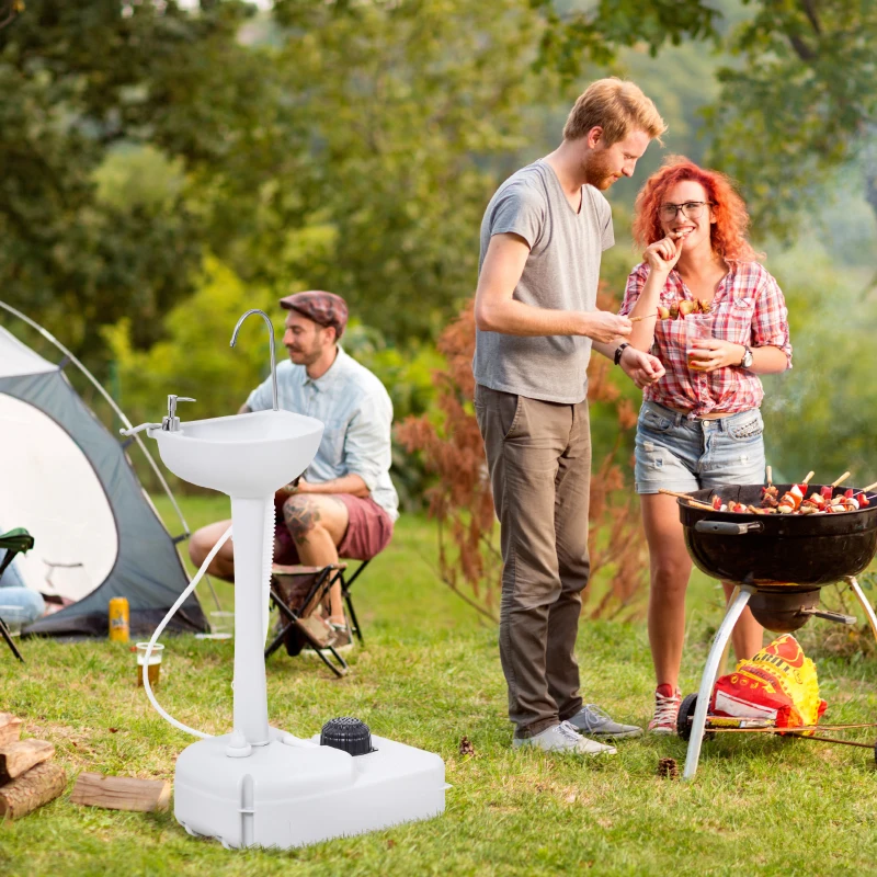Outsunny Évier de camping portable, lavabo portable pour camping, station lavage avec roues, distributeur de savon et porte serviettes, lavabo mobile pour événements en plein air, gris