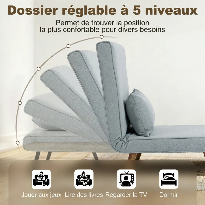 HOMCOM Fauteuil chauffeuse convertible 3 en 1 lit fauteuil lit 1 place dossier 5 positions en tissu avec coussin, gris