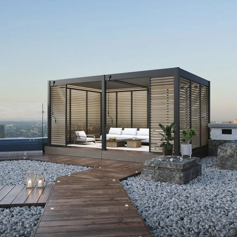 Panneau brise-vue - OMBREA - Ventelles horizontales - 1 m - Aluminium - Anthracite et ventelles finition bois