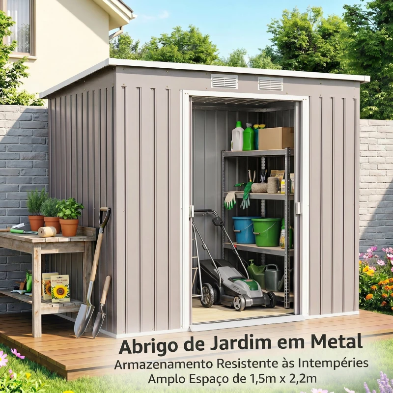 Outsunny Abrigo de Jardim 213x130x172 cm Abrigo de Exterior de Aço Galvanizado com Porta Corredeira para Armazenamento Cinza Claro