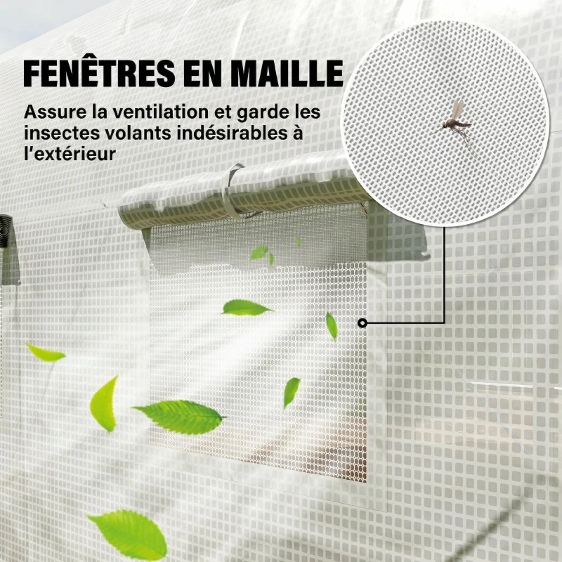 Outsunny Serre tunnel de jardin 12 m², serre de jardin tunnel avec porte et 8 fenêtres, bâche PE 140 g/m² 400 x 200 x 200cm blanc