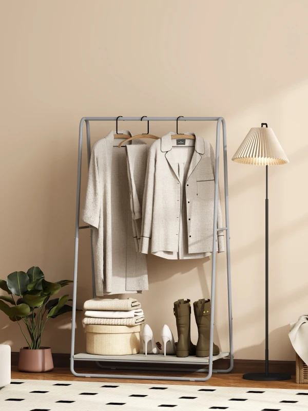 HOMCOM Charriot com Prateleira para Sapatos Barras Superior e Laterais Estrutura de Metal 80x44x140 cm Madeira e Cinza