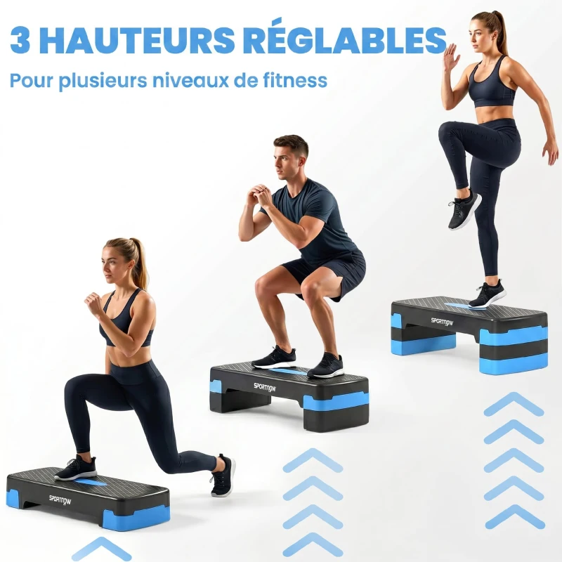 SPORTNOW Stepper Fitness Aérobic 3 Niveaux, Hauteur Réglable 10/15/20 cm avec Rehausses, Surface Antidérapante, 68x29x20cm, Bleu