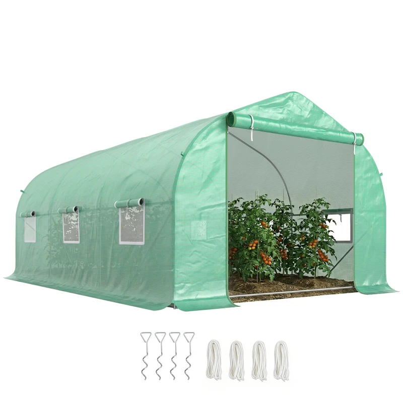 Outsunny Invernadero de Túnel 450x300x205 cm Invernadero de Jardín con 6 Ventanas Cubierta de Polietileno PE 140 g/m² y Estructura de Acero para Cultivo Plantas Jardín Terraza Verde
