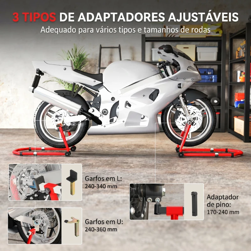 HOMCOM Suporte Roda Dianteira e Traseira para Mota Carga 390 kg Cavalete Moto Elevador Universal com Adaptadores de Garfos em U e L Ajustáveis e Rodas Vermelho