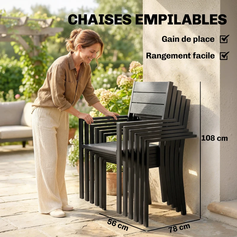 Outsunny Ensemble de Salle à Manger Extérieur 7 Pièces pour 6 Personnes, Table et Chaises Empilables avec Lattes Effet Bois, Cadre en Aluminium, Gris