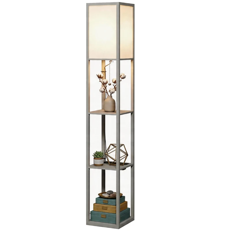 HOMCOM Floor Lamp with Shelves, 3 Layer Column Modern Standing Lamp for Living Room, Bedroom, Office, Grey