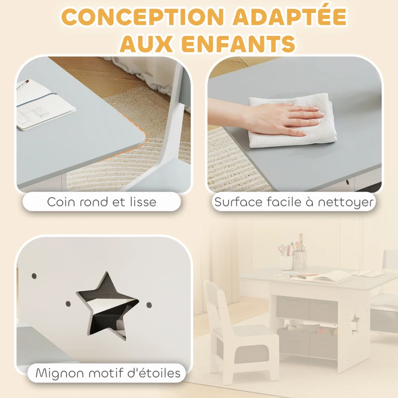 AIYAPLAY Ensemble table et 2 chaises enfant avec 6 tiroirs amovibles, pour fille garçon 3-8 ans, gris