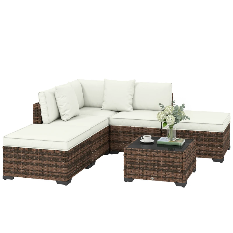 Outsunny Conjunto de Jardim Exterior em Rattan de 6 Peças com Cadeira de Canto, 2 Cadeiras sem Braços, Apoio para Pés e Mesa Castanha