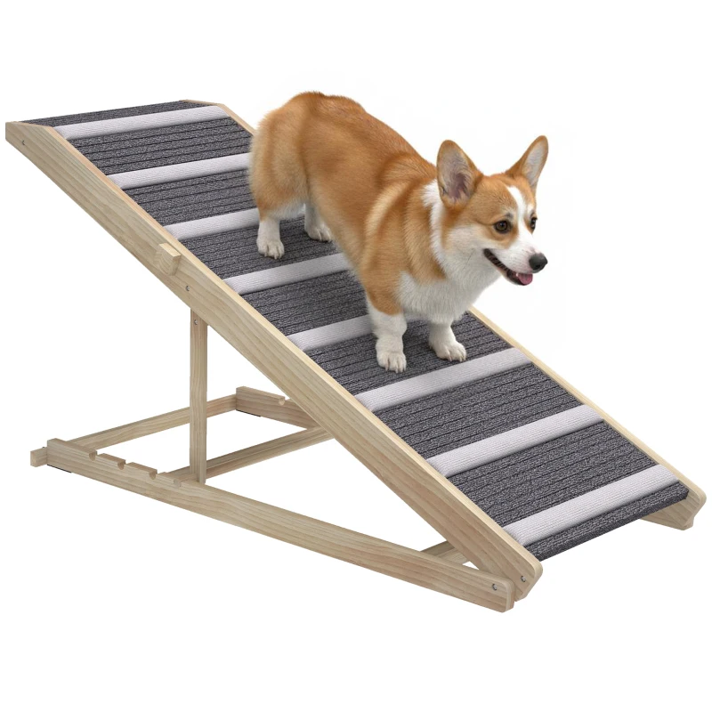 PawHut Rampa para Perros Plegable y Altura Ajustable 41-60 cm Rampa para Mascotas de Madera con Alfombrilla Antideslizante