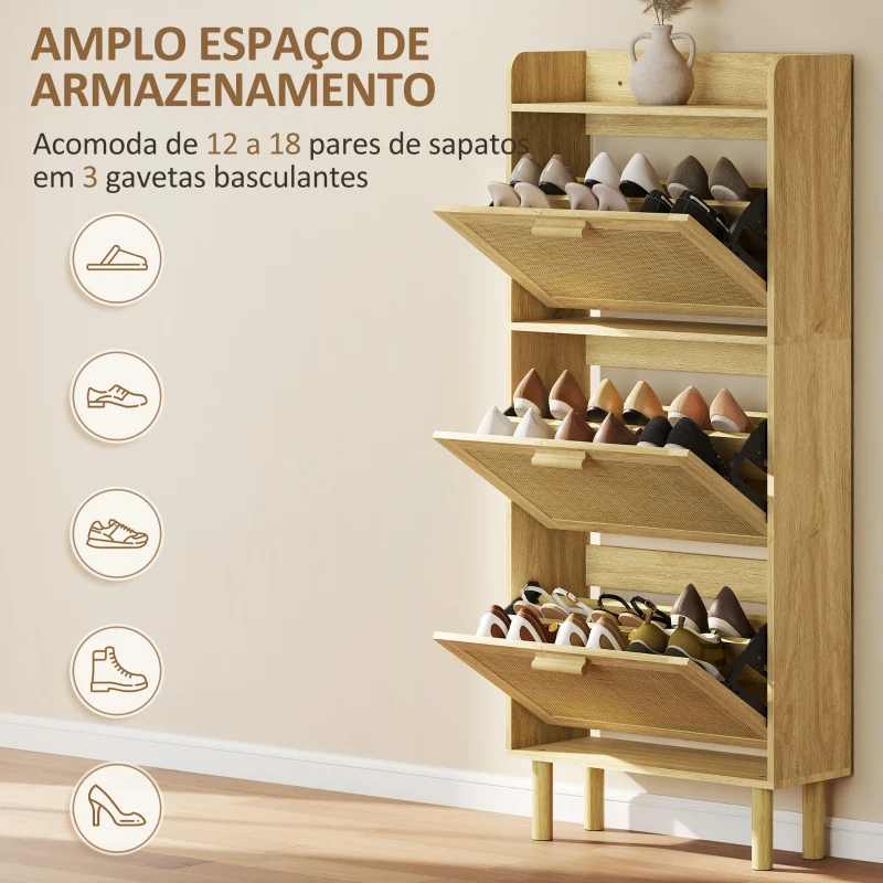 HOMCOM Sapateira com 3 Gavetas Rebatíveis e Prateleira Aberta para 12-18 Pares de Sapatos 65x24,5x153 cm Carvalho