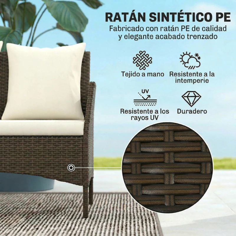 Outsunny Conjunto de Jardín Exterior de Ratán 4 Piezas Incluye Sofá de 2 Plazas 2 Sillas Mesa de Vidrio Cojines Lavables Marrón