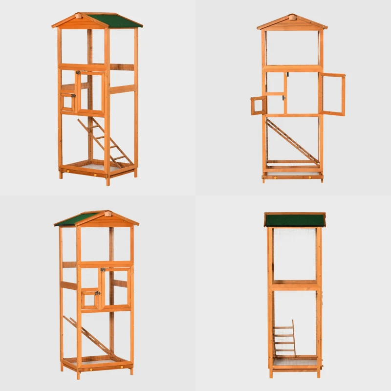 PawHut Cotet pentru Păsări Exterior din Lemn cu 2 Uși și Tava Extensibilă 68×63×165 cm