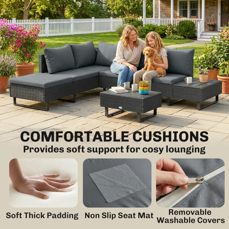 Outsunny 5 Seater Rattan Garden Furniture Set, L Shaped Garden Corner Sofa, Adjustable Back, Faux Wood Table, Dark Grey