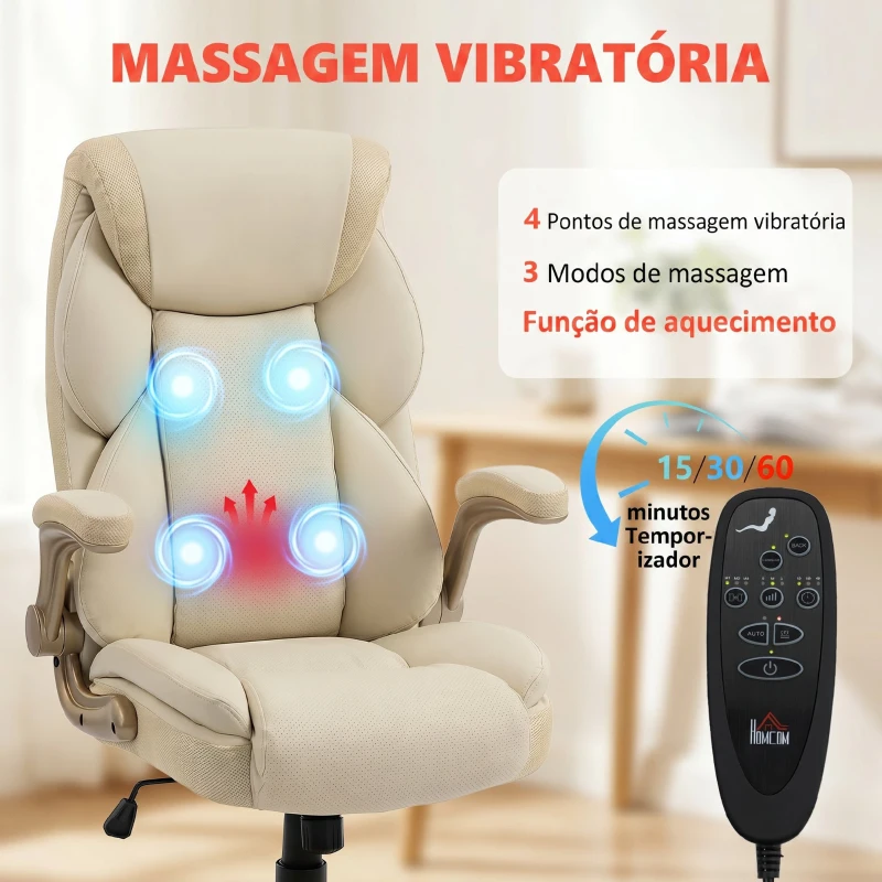 HOMCOM Cadeira de Escritório com Massagem Vibratória de 4 Pontos Aquecimento Lombar Apoios de Braços Rebatíveis Encosto Alto Altura Ajustável Creme