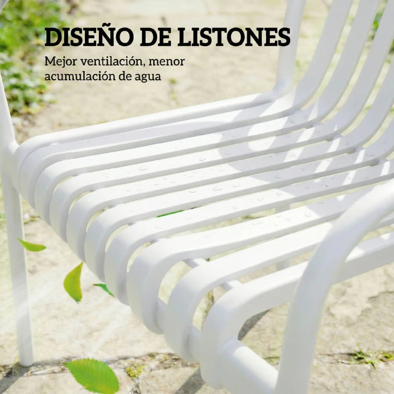 Outsunny Juego de 4 Sillas de Jardín Exterior Apilables de PP con Respaldo Curvado Asiento de Listones 55x58,5x81,5 cm Blanco