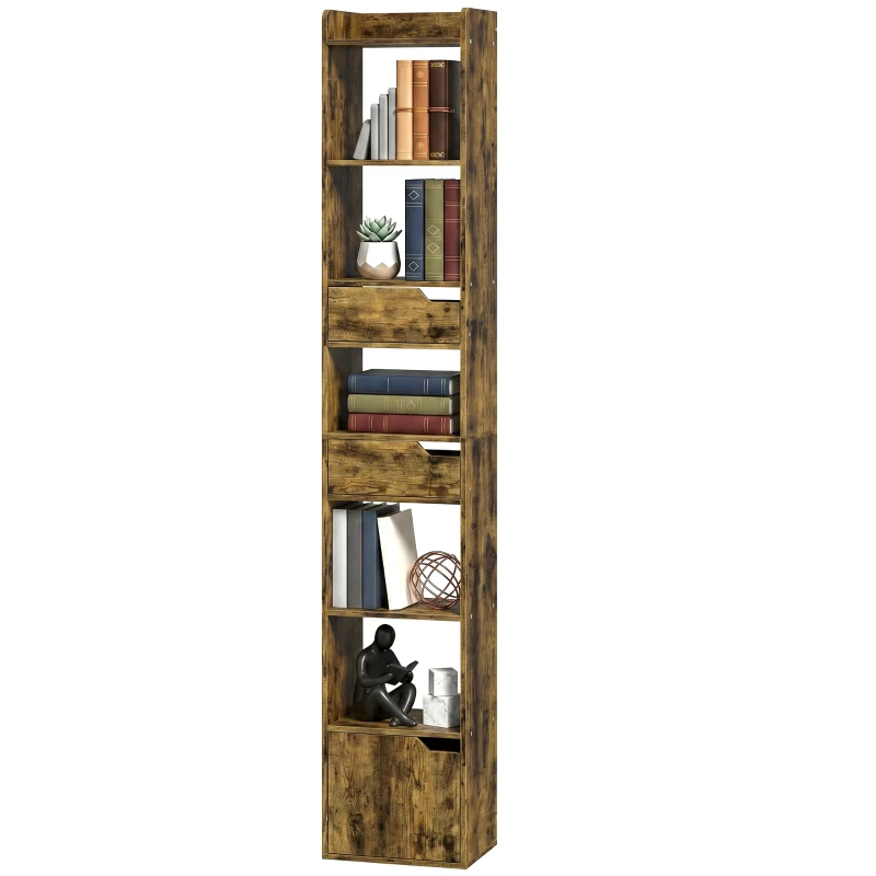 HOMCOM Bookcase Tall Narrow with 5 Tiers and Drawers Freestanding Bookshelf Storage Cabinet for Living Room Rustic Brown