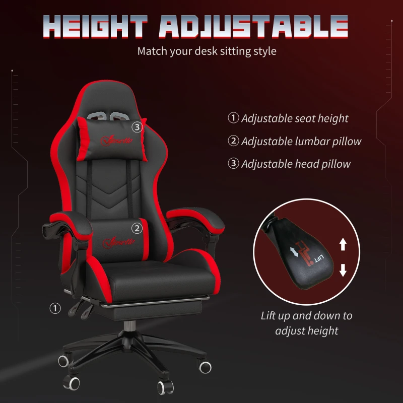 Vinsetto Scaun de Gaming cu Înălțime Reglabilă și Spătar Rabatabil, 65x65x121-129 cm, Negru și Roșu