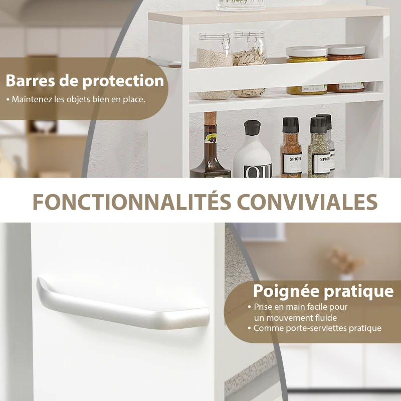 kleankin Chariot de rangement à 3 niveaux chariot de stockage étagère sur roulettes pour cuisine étroite salle de bain buanderie bureau avec poignée - 48 x 15 x 80 cm blanc