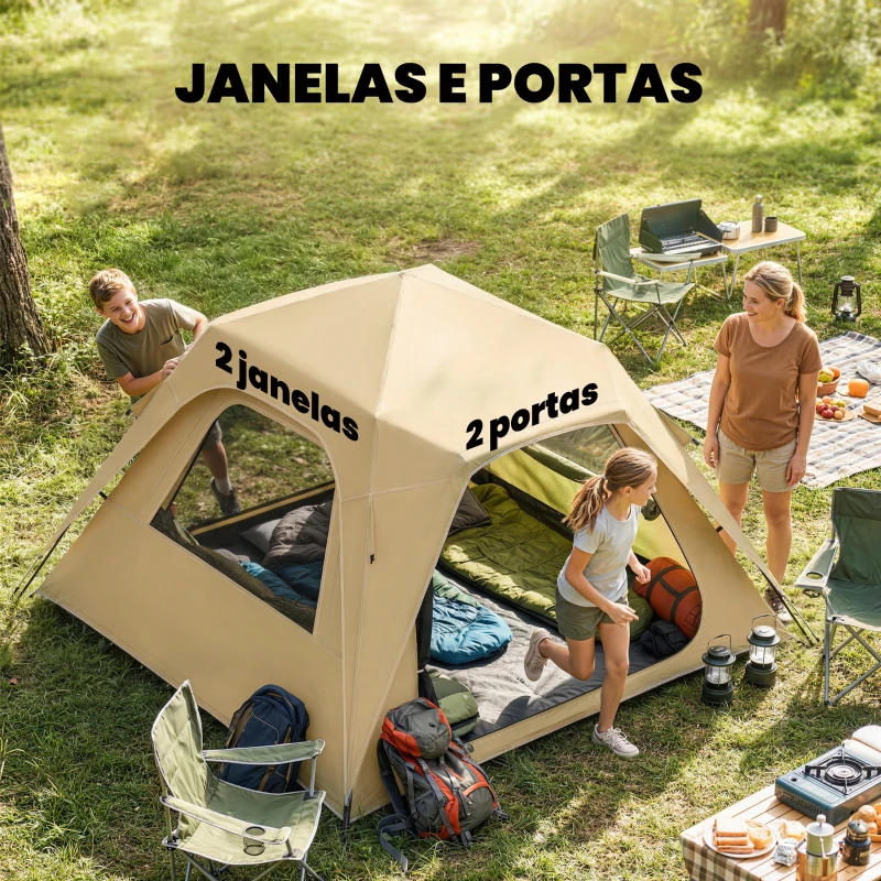 Outsunny Tenda de Campanha Instantânea, Janelas de Rede e Bolsa de Transporte Impermeável para 2-3 Pessoas, Caqui