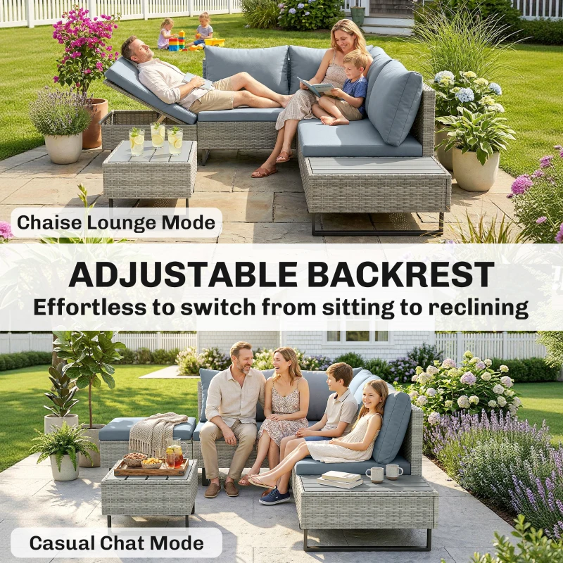 Outsunny 5 Seater Rattan Garden Furniture Set, L Shaped Garden Corner Sofa, Adjustable Back, Faux Wood Tables, Grey