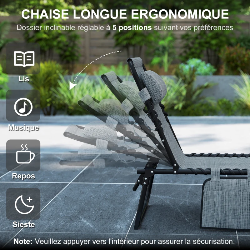 Outsunny Chaise longue pliable bain de soleil dossier inclinable 5 niveaux têtière amovible 189 x 58 x 30 cm gris