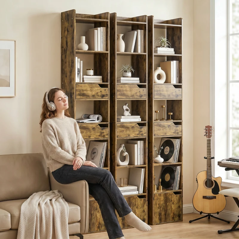 HOMCOM Bookcase Tall Narrow with 5 Tiers and Drawers Freestanding Bookshelf Storage Cabinet for Living Room Rustic Brown