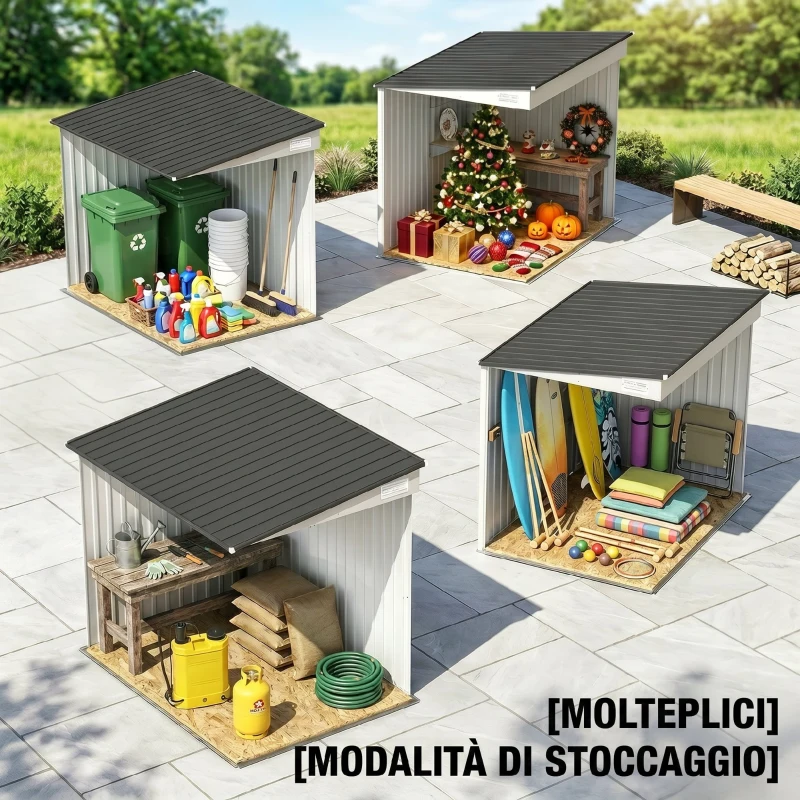 Outsunny Capanno Attrezzi in Metallo 1.5x2m con Base, Porta Scorrevole e Tetto Inclinato, Bianco