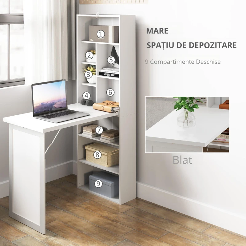 HOMCOM Birou de calculator pliabil cu bibliotecă, post de lucru, tablă albă și raft reglabil, 98x51x153cm, alb