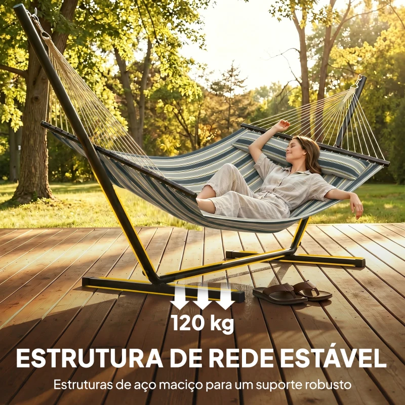 Outsunny Cama Rede com Suporte Rede de Jardim Portátil com Almofada Removível Barras Estabilizadoras 353x94x115 cm Verde