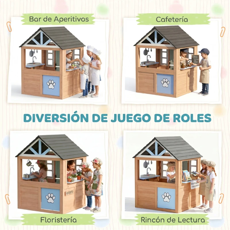 AIYAPLAY Casita Infantil Exterior e Interior de Madera con Puerta para Mascotas Cocina de Juguete Media Puerta Madera Natural