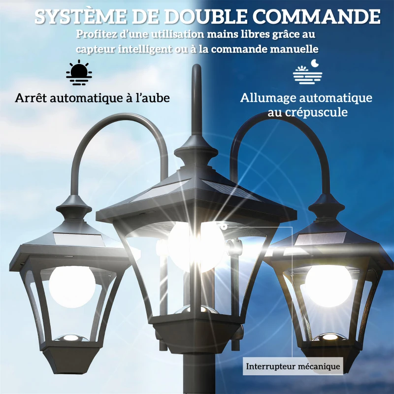 Outsunny Lampadaire Extérieur sur Pied à 3 Têtes avec Bac à Fleurs, Capteur Automatique Crépuscule à L'aube, 52x52x185cm, Noir