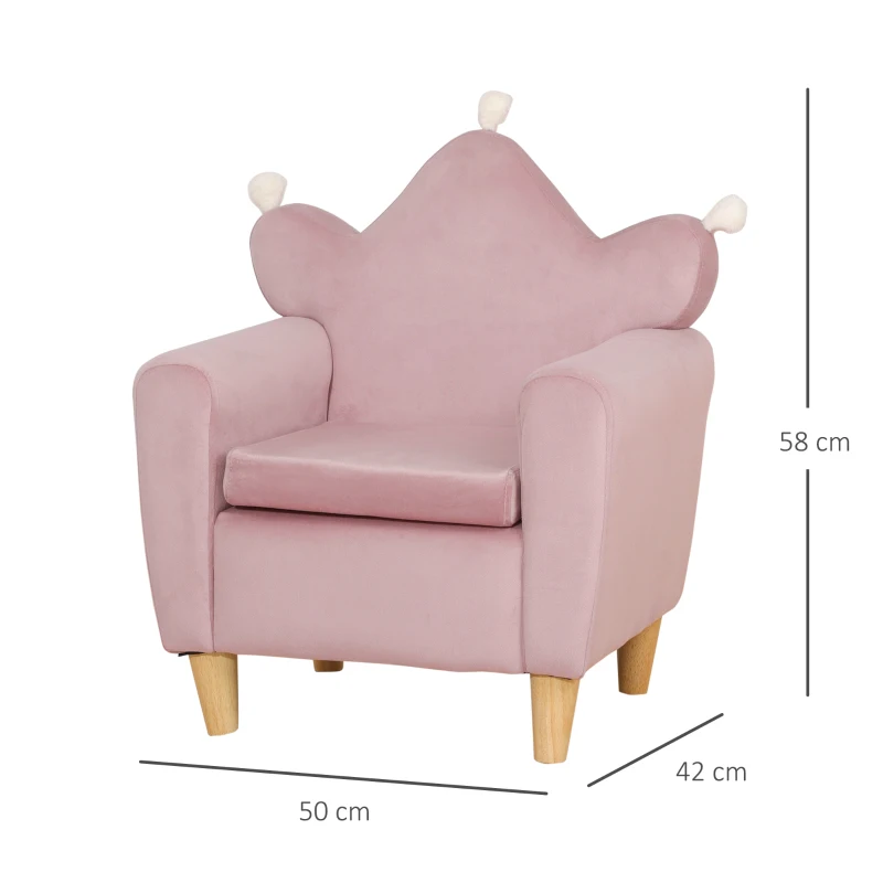 HOMCOM Fotoliu pentru Copii din Material cu Efect de Catifea Roz cu Spătar în Formă de Coroană, 50,2x41,9x57,8 cm