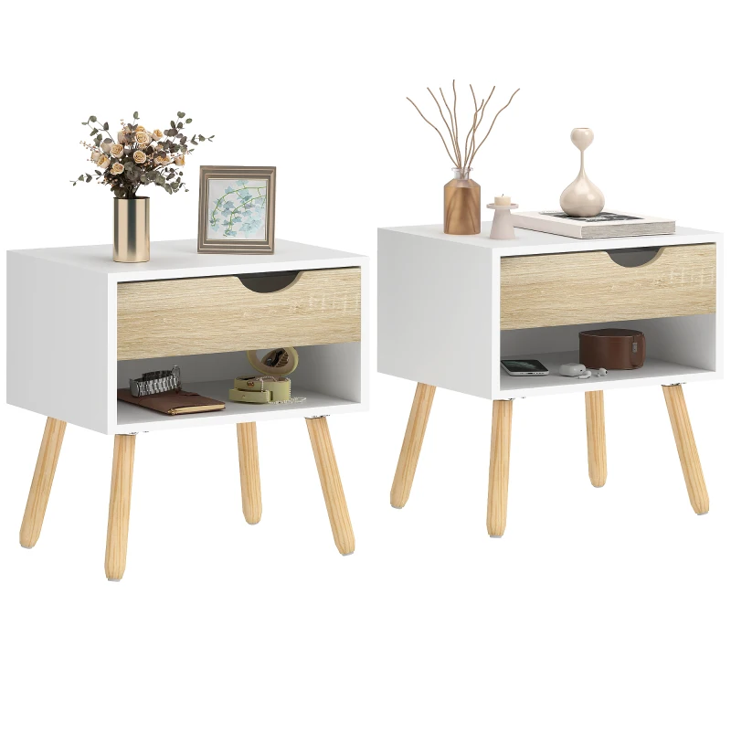 HOMCOM Set de 2 Mesitas de Noche Mesa Auxiliar Mesillas de Noche con Cajón y Estante de Almacenamiento para Dormitorio Salón Cama Oficina Estilo Moderno 50x39x51 cm Blanco y Roble