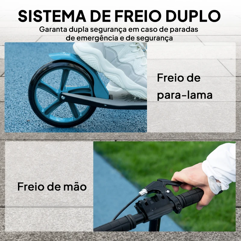 HOMCOM Trotinete Dobrável com Guiador Ajustável, Rodas Grandes de 200 mm, Amortecimento e Travão, Carga Máxima de 100 kg, 91,5 x 36,5 x 91-104 cm, Azul