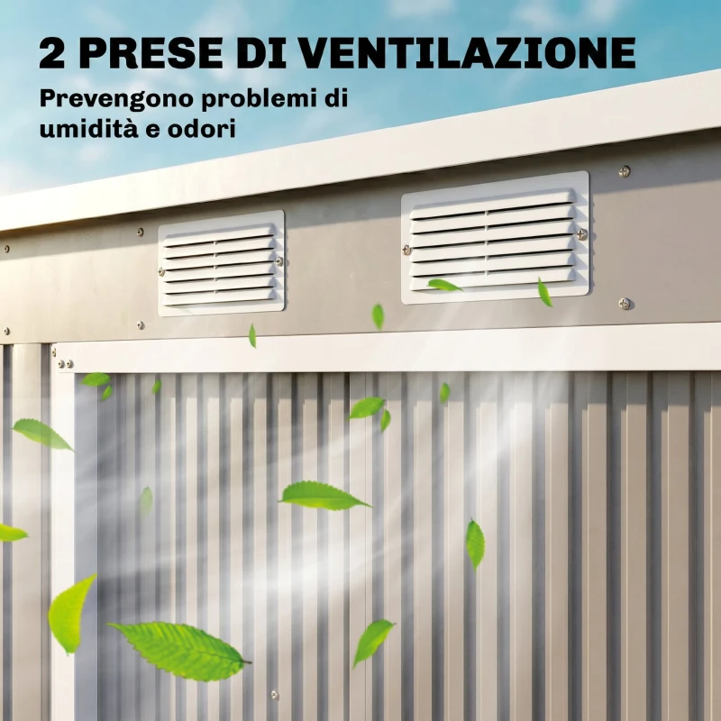 Outsunny Capanno Attrezzi con Tetto Inclinato, 2 Ingressi e Prese d'Aria, in Acciaio Zincato, 213x130x172 cm, Grigio