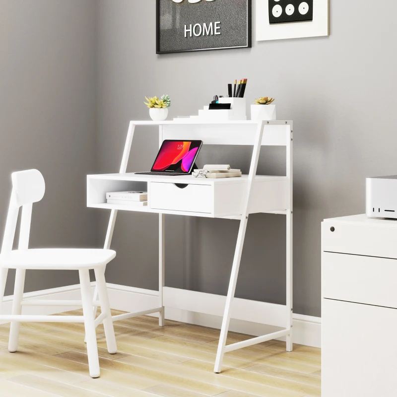 HOMCOM Bureau secrétaire Bureau Informatique Style néo-rétro tiroir Niche étagère métal Blanc
