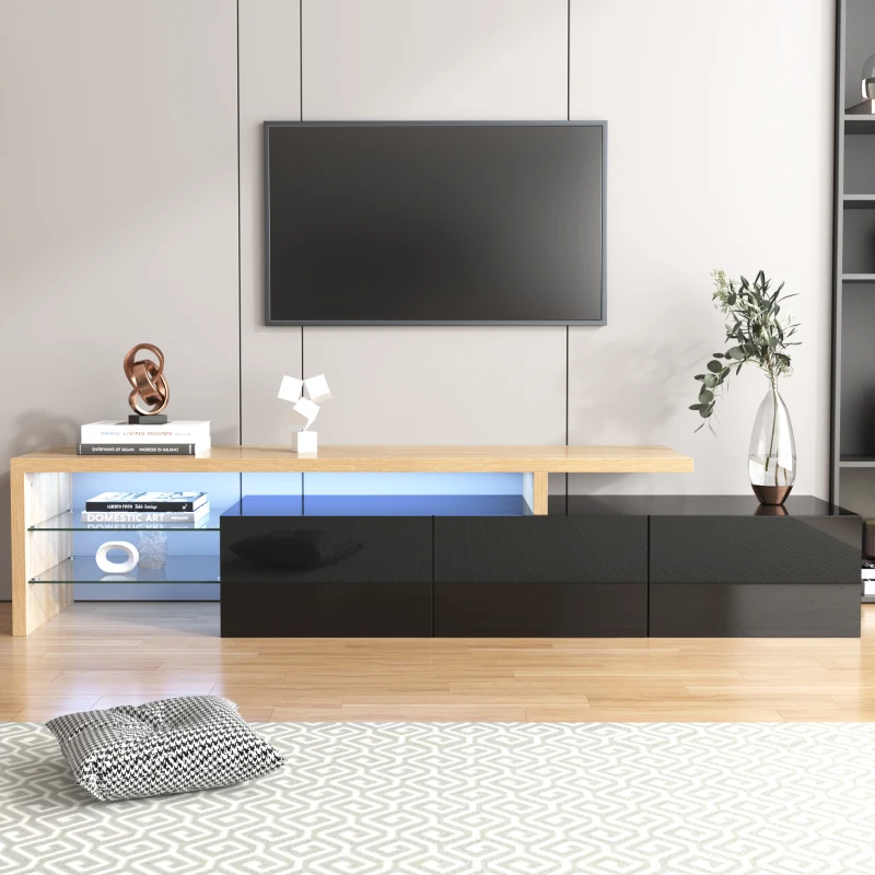 Móvel de TV Moderno com Amplo Espaço de Armazenamento e Iluminação LED 197x39x42 cm, Preto e Madeira