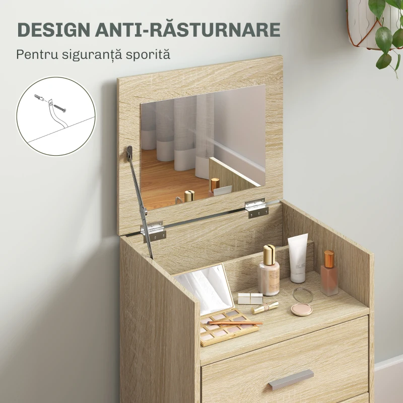 HOMCOM Masă de Toaletă cu Oglindă Rabatabilă, Natural
