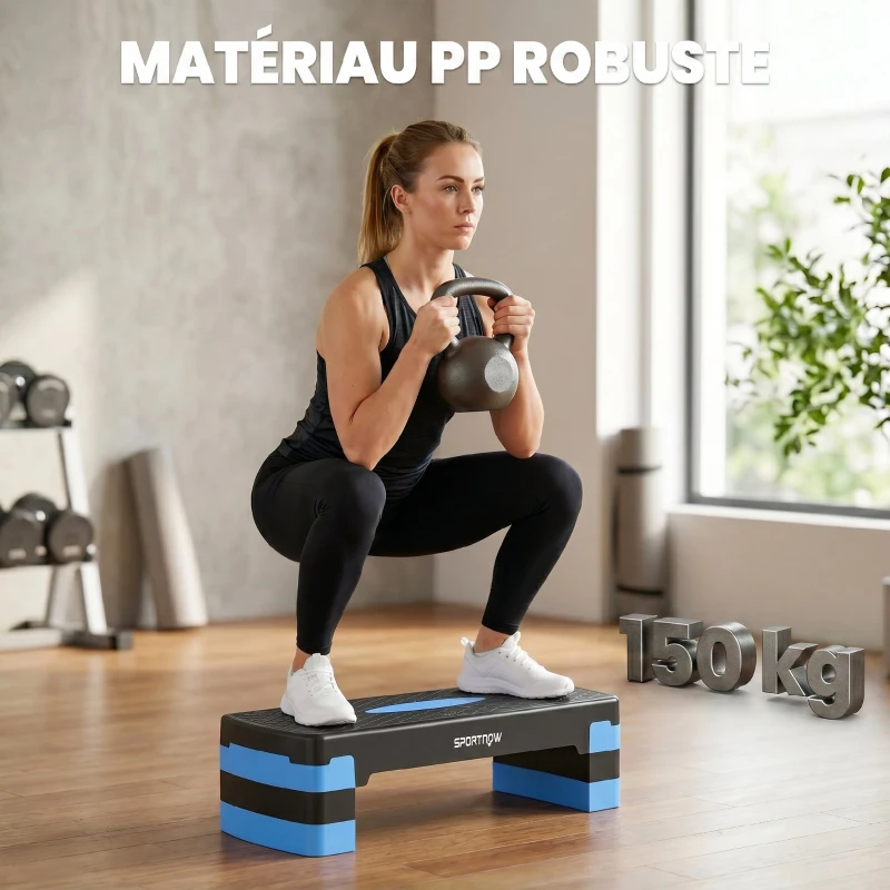 SPORTNOW Stepper Fitness Aérobic 3 Niveaux, Hauteur Réglable 10/15/20 cm avec Rehausses, Surface Antidérapante, 68x29x20cm, Bleu