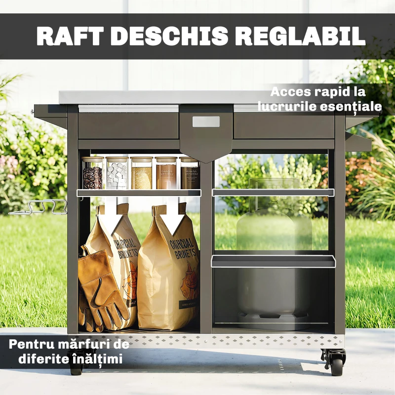 Outsunny Cărucior grătar 5-nivele Masă laterală cu suprafață de lucru din oțel inoxidabil rafturi reglabile sertar roți suport condimente suport prosoape