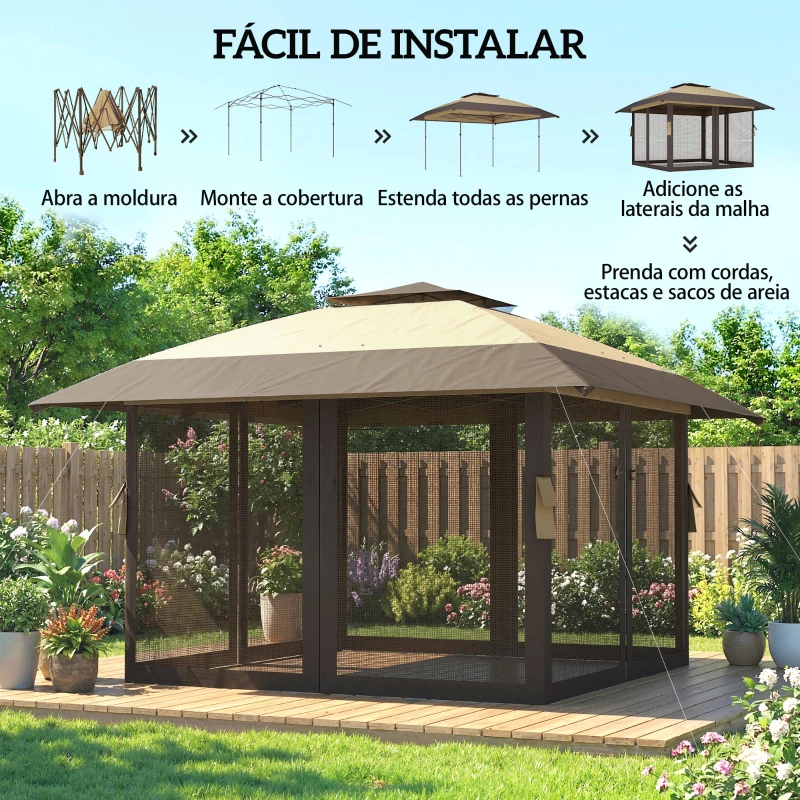Outsunny Tenda Dobrável 4x4 m Pop-up com Telhado Duplo, 4 Laterais em Rede, Altura Regulável, Bolsa de Transporte, UPF30+, Caqui
