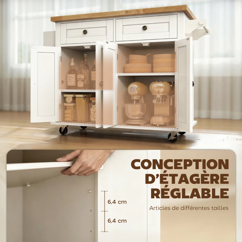 HOMCOM Desserte ilôt de cuisine multi rangements 2 tiroirs 2 placard 2 portes avec étagère range-bouteille porte-torchons et étagère réglable MDF blanc hévéa
